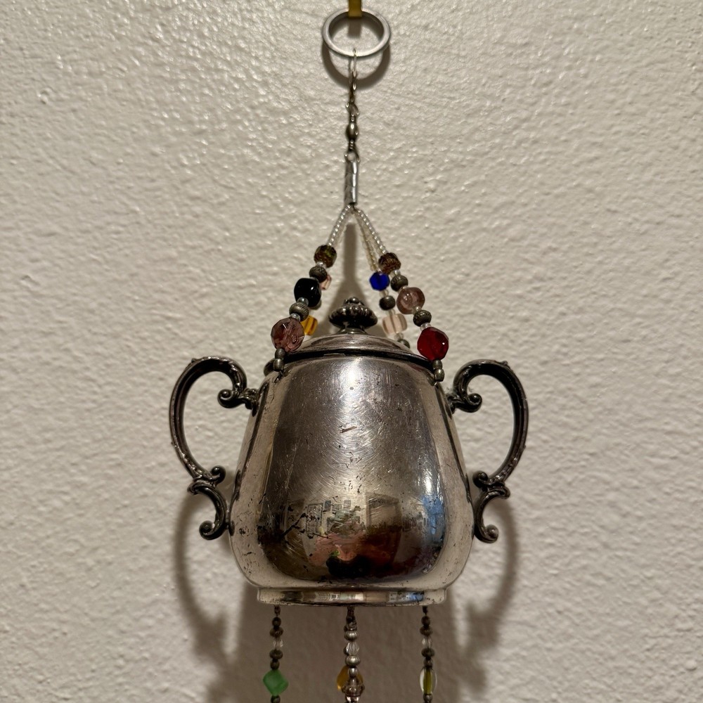 VTG Handmade Signed Silver Sugar Bowl Beaded Silverware Windchimes Boho Antique