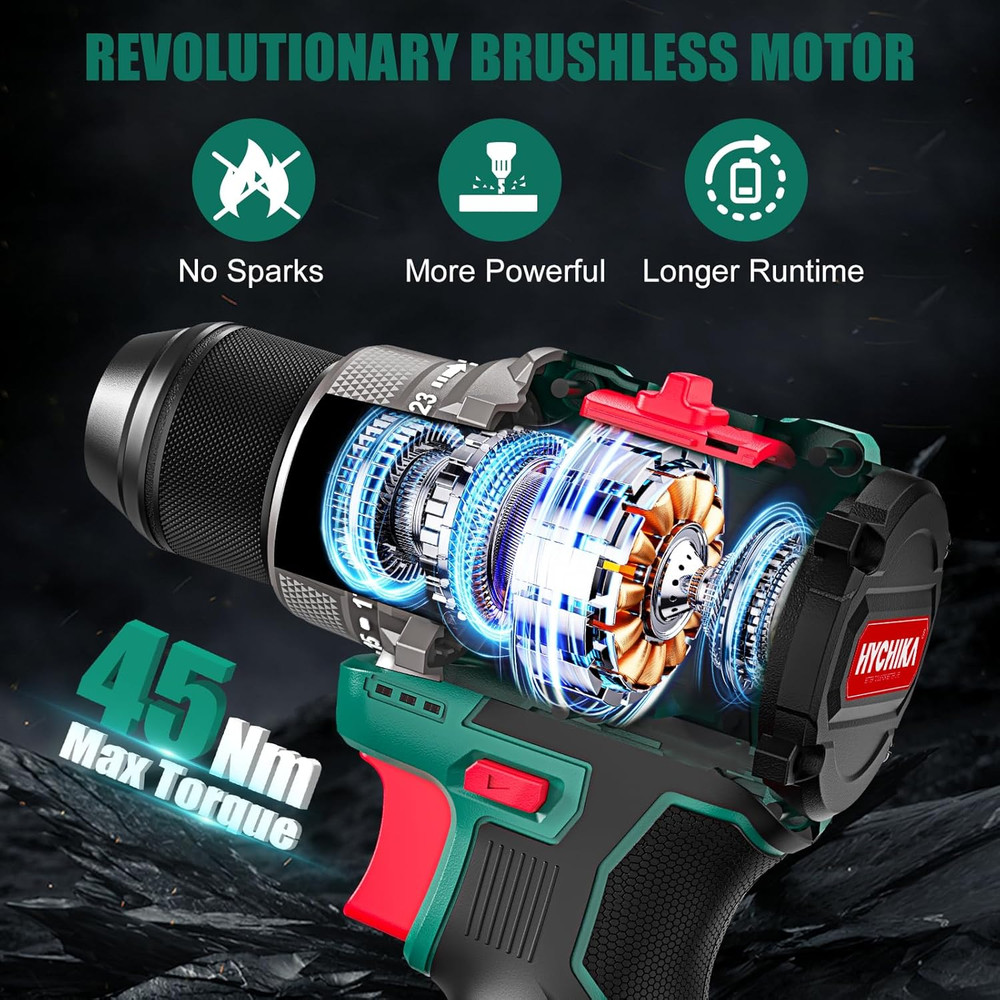 HYCHIKA Drill Set, True Brushless Power Drill Driver 16.8V Cordless Compact Dril