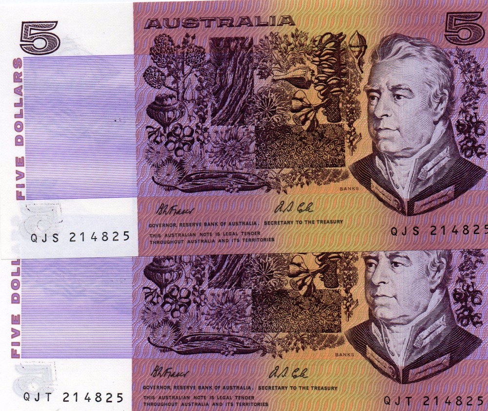 1991AUSTRALI $5 Fraser/Cole TWIN CONS PAIR Same serial Numbers Same Prefix 4note