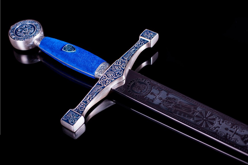 Silver Excalibur Sword - Deep Blue Engraving