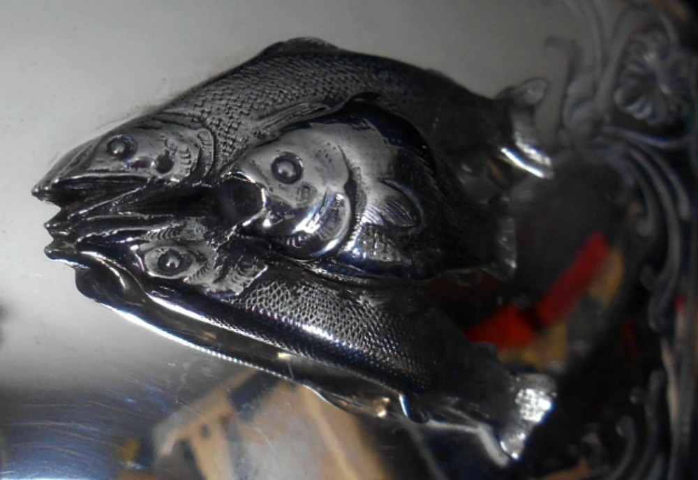 A solid silver sardine serving receptacle, with cast silver fish, Boston, Mass c