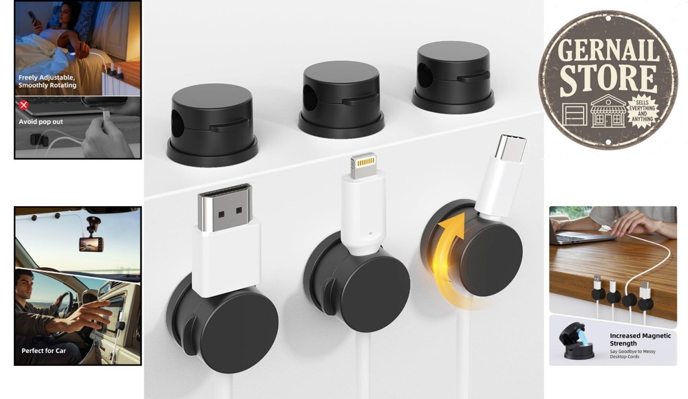 Versatile Magnetic Cable Clips - 6-Pack Black Cord Holders for Home & Office