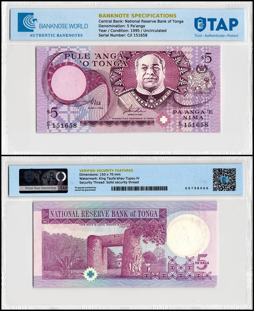 Tonga 5 Pa'anga, 1995 ND, P-33a, UNC, Authenticated