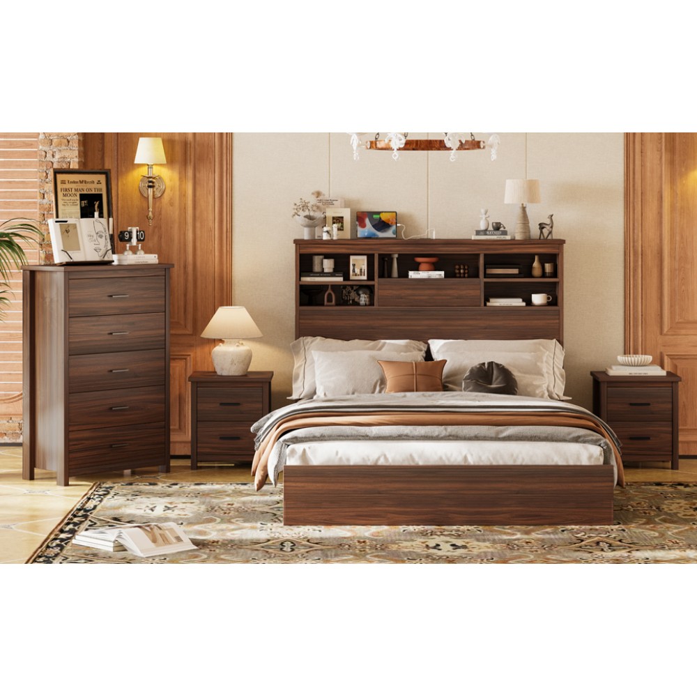 Queen Bedroom Set w/ Storage Headboard & Charging Station, 4-PC Walnut