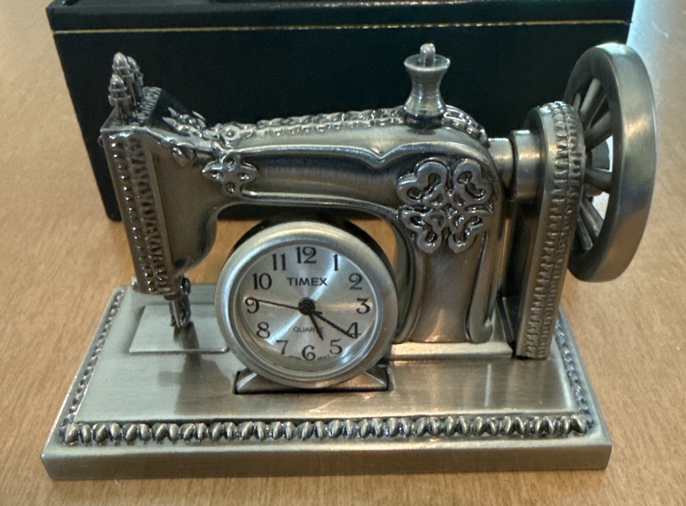 Timex Miniature Sewing Machine Pewter Clock 3”
