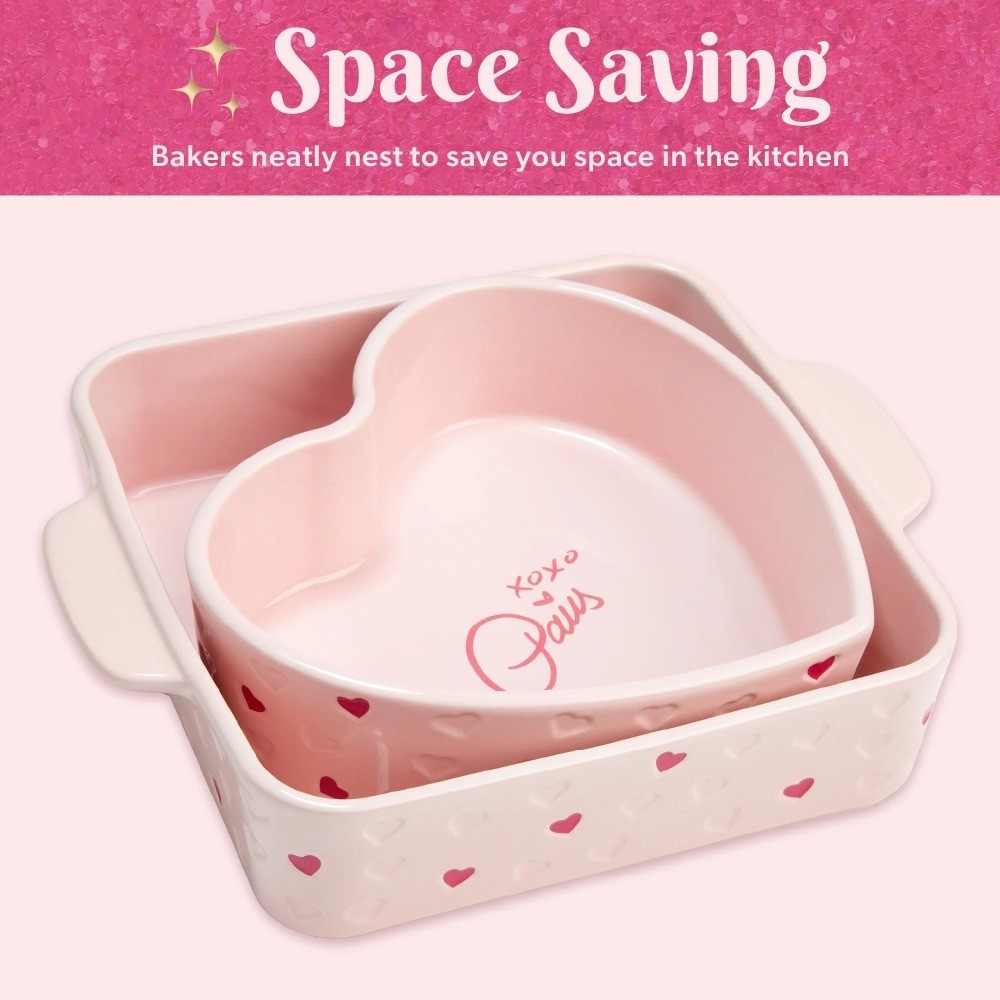 2-Piece Ceramic Nonstick Baking & Casserole Dish Set, Square and Heart-Shaped,