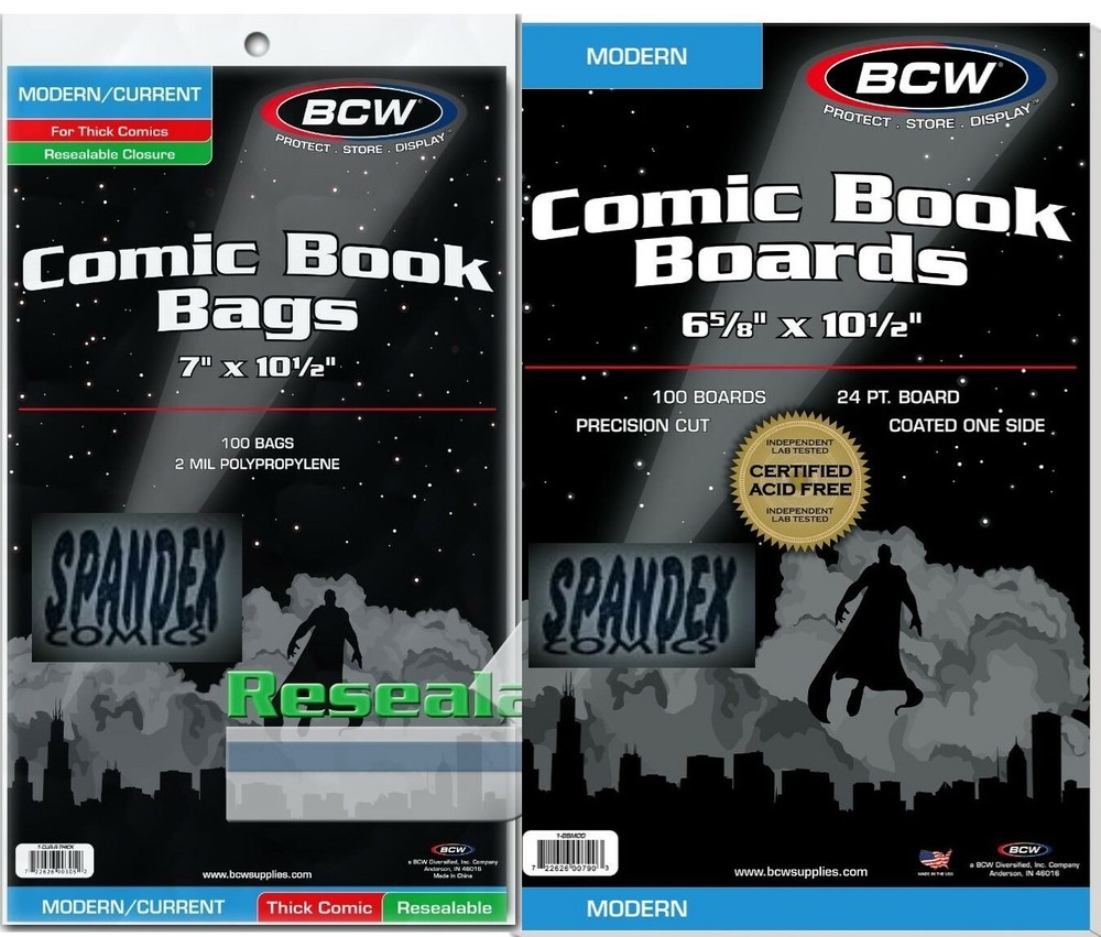 100 BCW Modern Boards & 2-Mil Current Resealable Thick Polypropylene Comic Bags