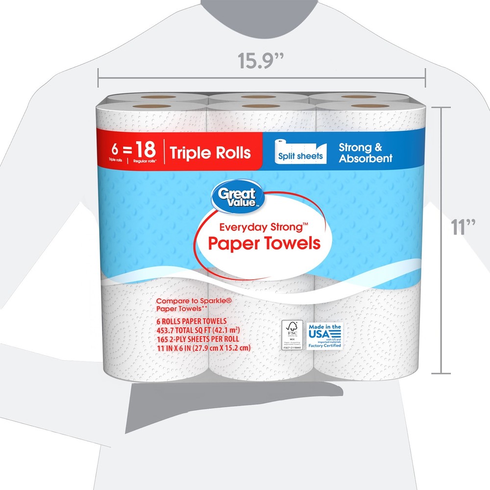 Everyday Strong Paper Towels, 6 Triple Rolls, Split Sheets