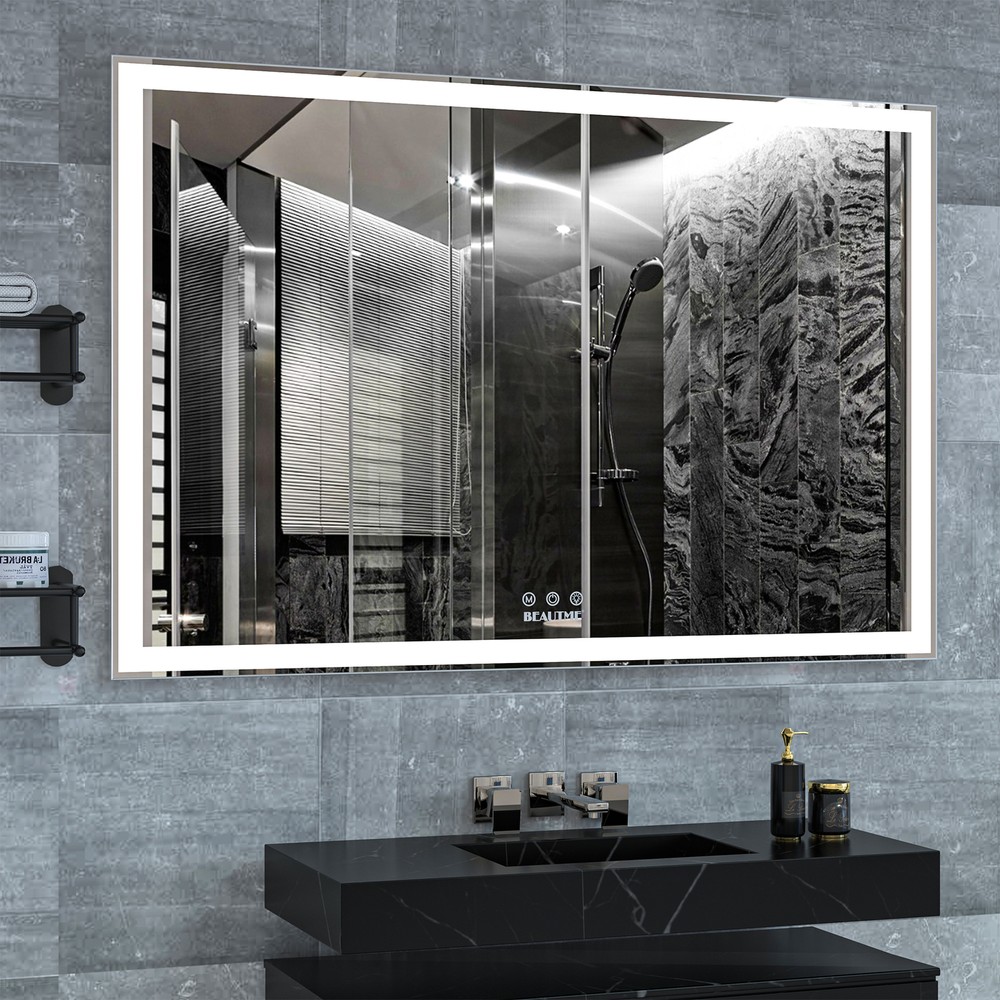 60"x40" LED Rectangle Bathroom Mirror Mirror Wall Mounted Silver Aluminum Frame