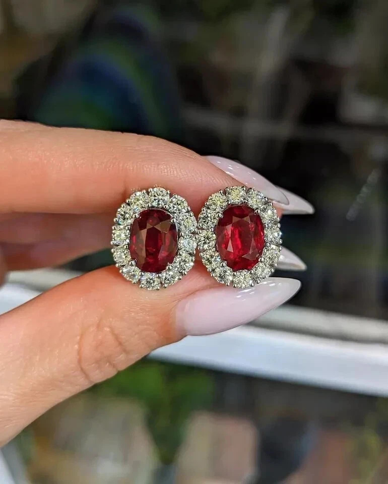 Oval Cut 6.48 Ct Natural Ruby Diamond Lovely Earring Stud 18K Solid White Gold