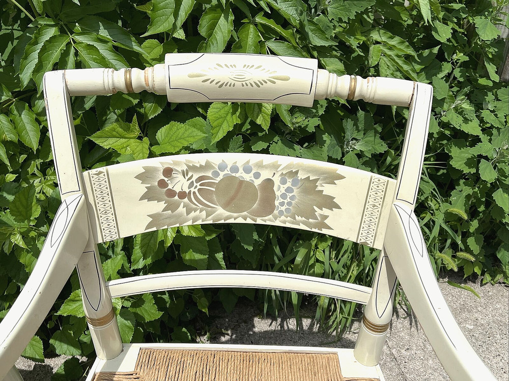 Pair Vintage Solid Lambert Hitchcock Ivory Harvest Rush Bottom Armchairs
