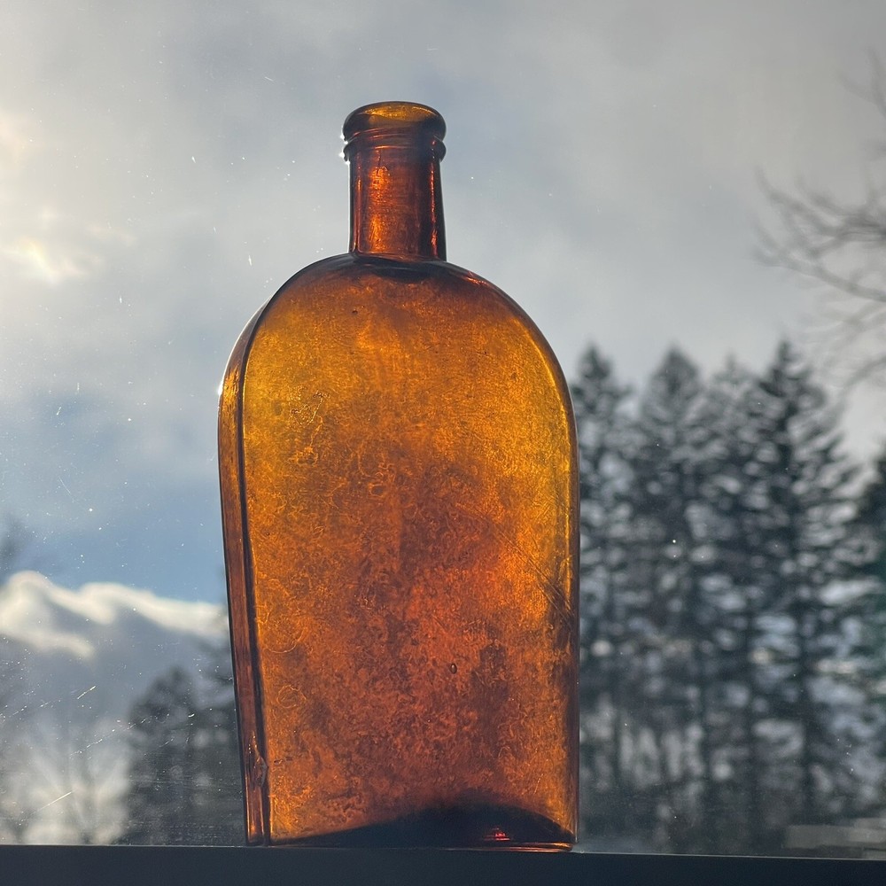 Amber Strap Side Whiskey Flask "194" Embossed Base