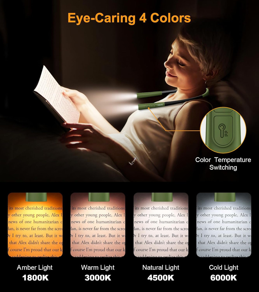 Book Light, Eye Caring 4-Color & 5-Brightness Neck Light Reading Light- Stepless