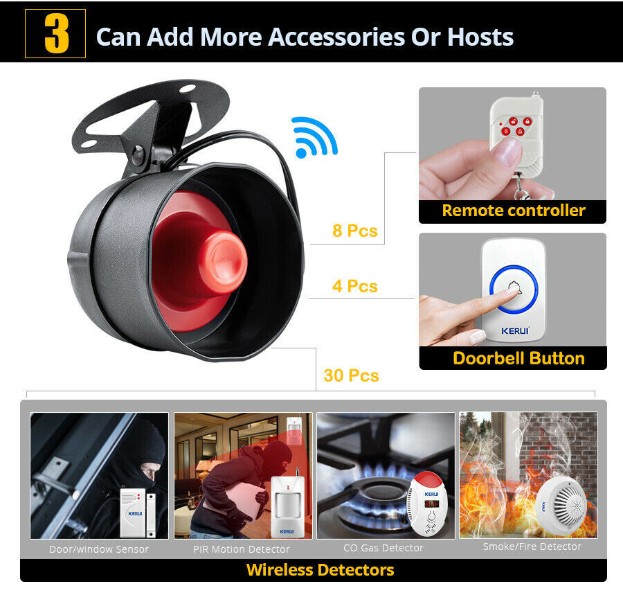Home Siren Security Alarm System+2 Motion Detector 2 Remote Control KERUI