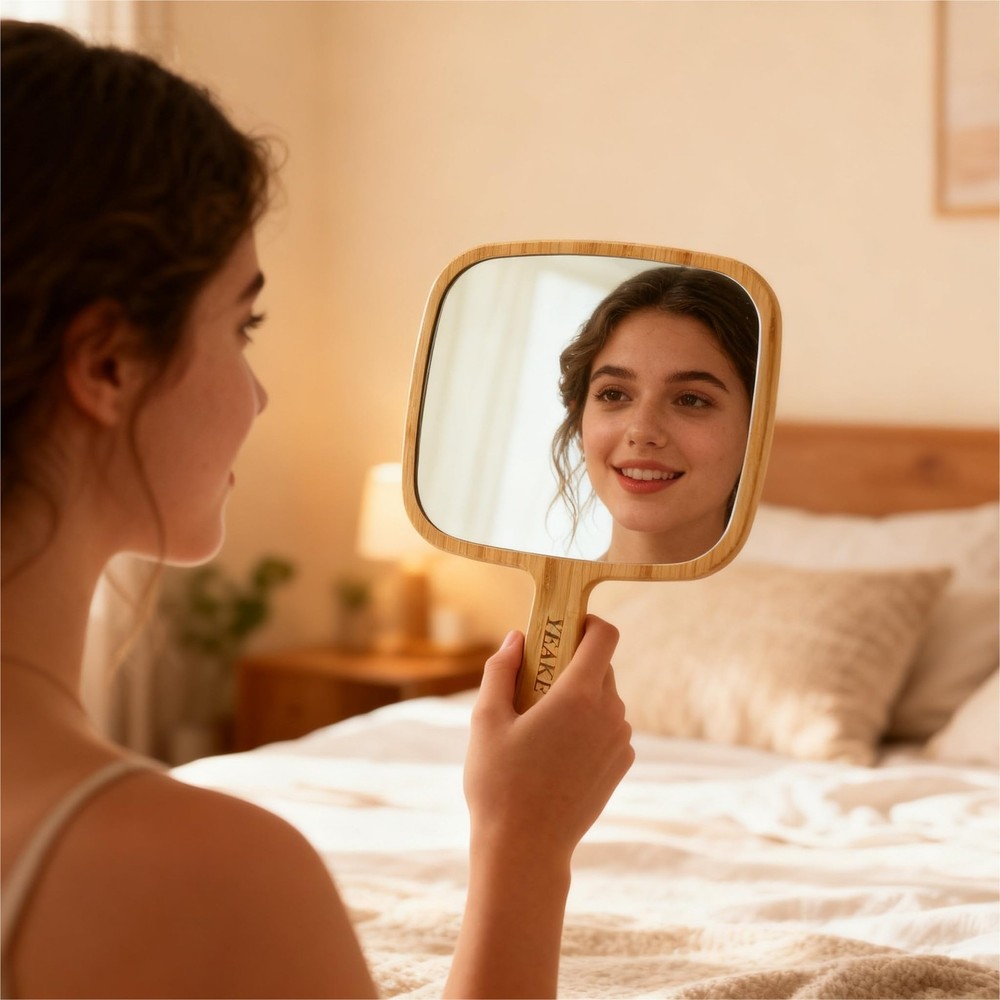 Hand Mirror,Natural Bamboo Handheld Mirror with Handle, Single-Sided Portable...