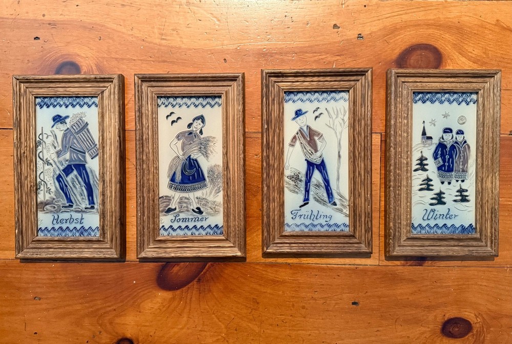 GERMANY 4 SEASONS FRAMED CERAMIC TILE 4PC SIGNED HAND CRAFTED ETCHED WALL ART