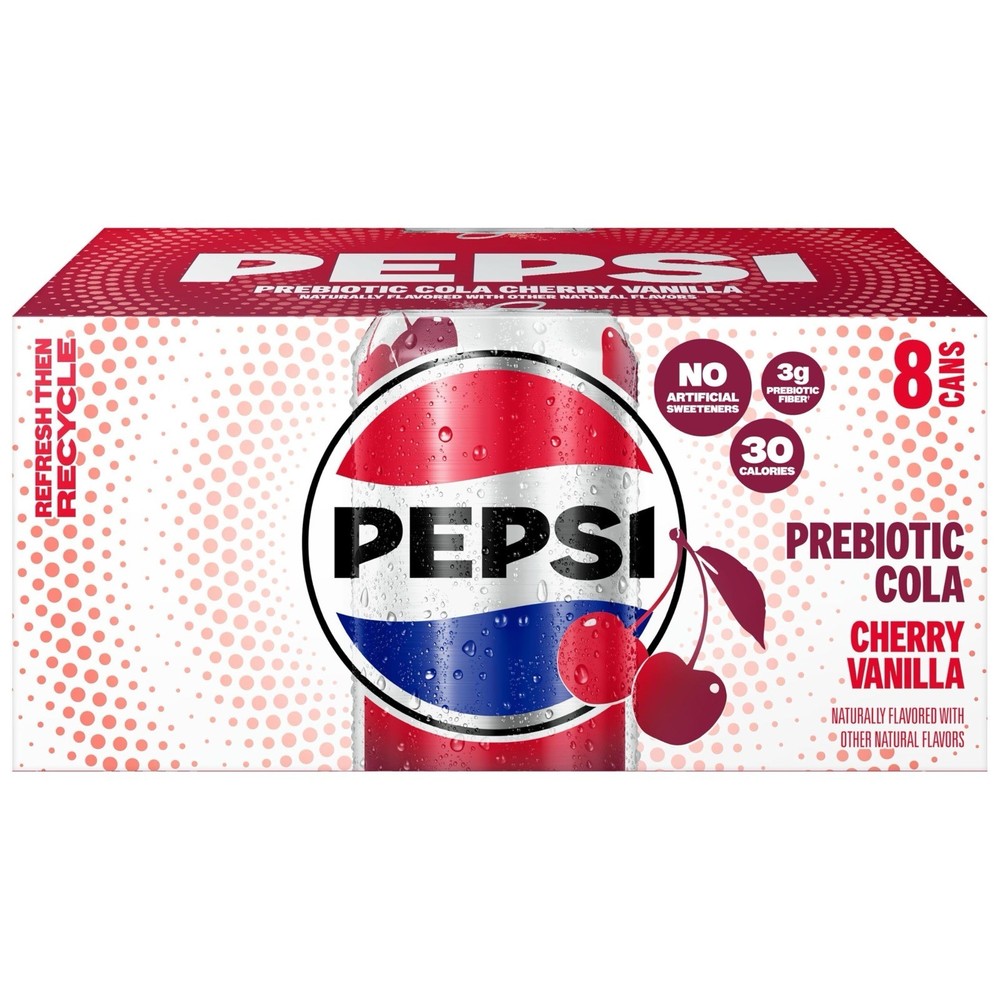 :.Pepsi Prebiotic Cola, Cherry Vanilla 🍒🍦12 fl oz Cans (8 Pack).: