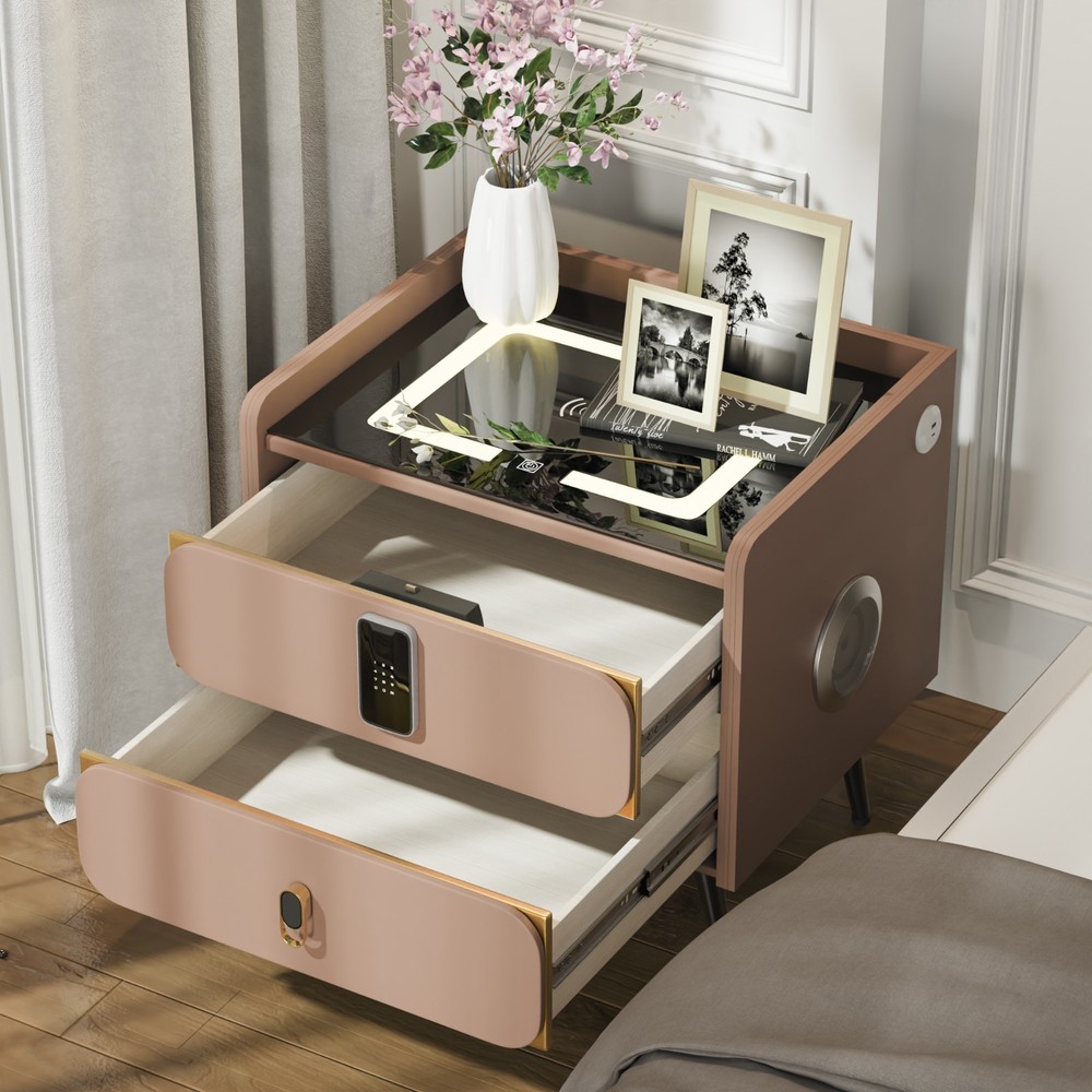 20" Tall Smart nightstand with combination lock &Bluetooth player(Light coffee)