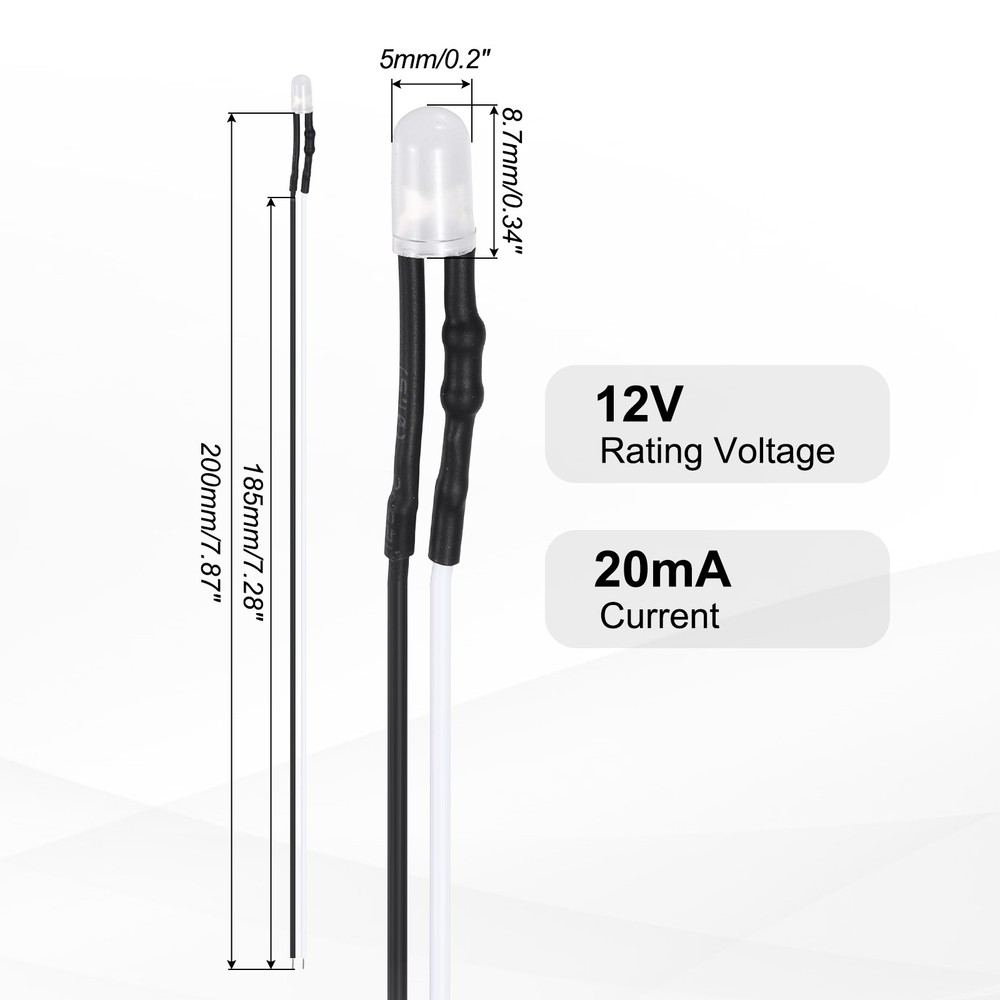 50pcs 5mm LED Diode Lights, White Light DC 12V for Electronics