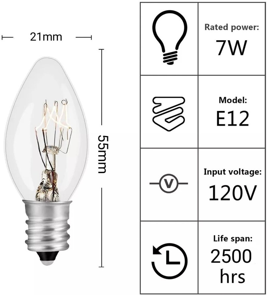 12 Pack Clear Night Light Bulbs Replacement 7 watt C7 Base 120V