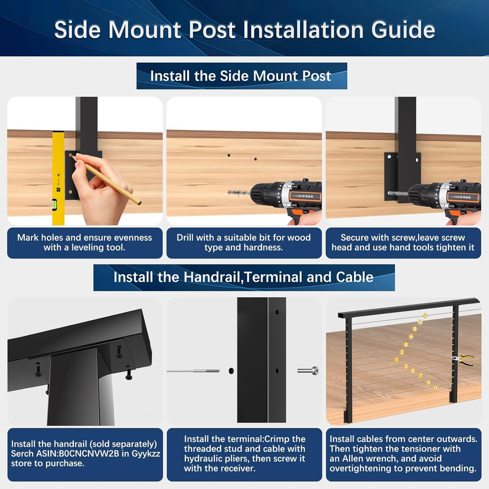 2Pack Side Mount Cable Railing Post Kits with 105Ft Cable & Tensioners