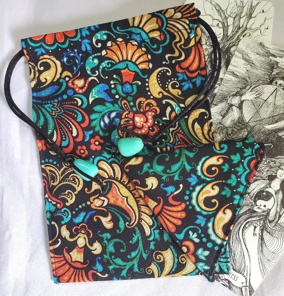Tarot Card Drawstring Bag Handmade Jacobean with Beads PLUS Crystal Pouch