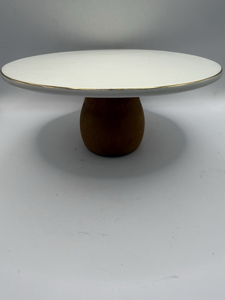 Small Ceramic Cake/Cupcake/Cookie Plate 8” Diameter Wooden Pedestal