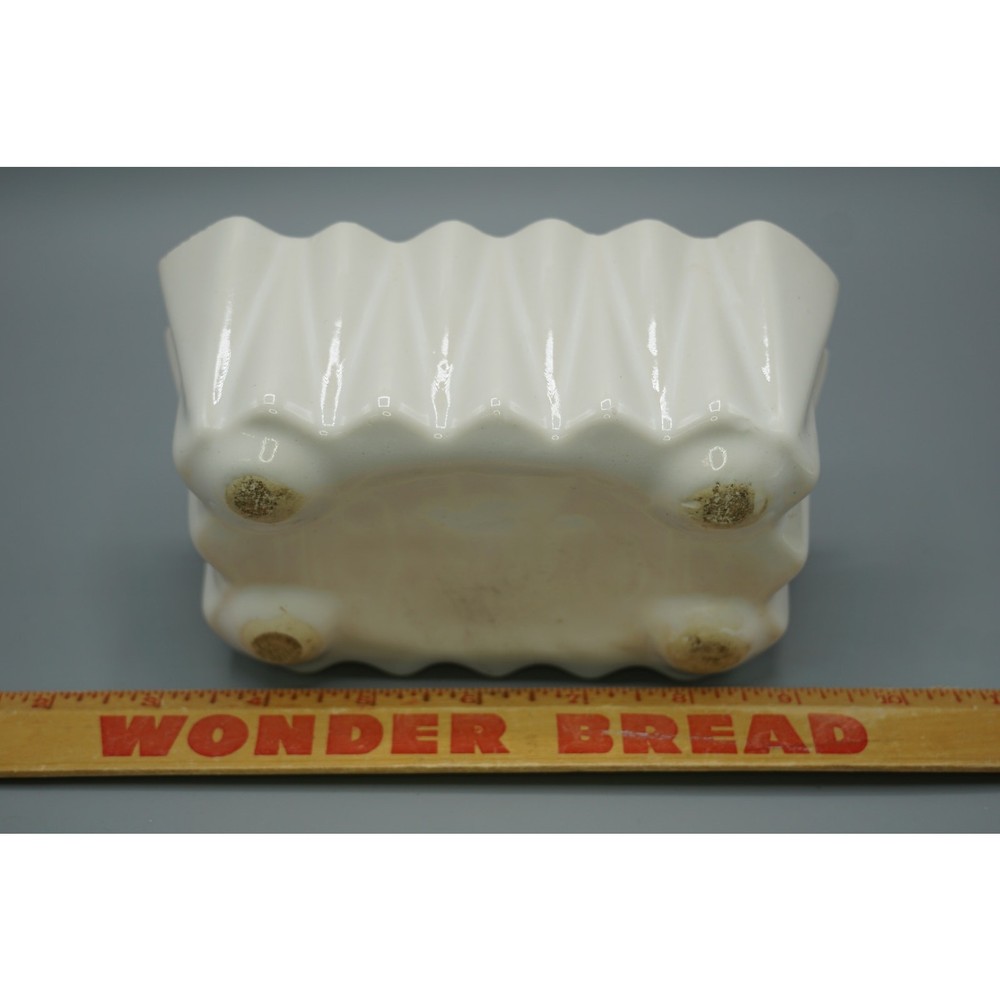 Vintage MCM White Ivory Ceramic Rectangular Ribbed Footed Planter Scallop Rim