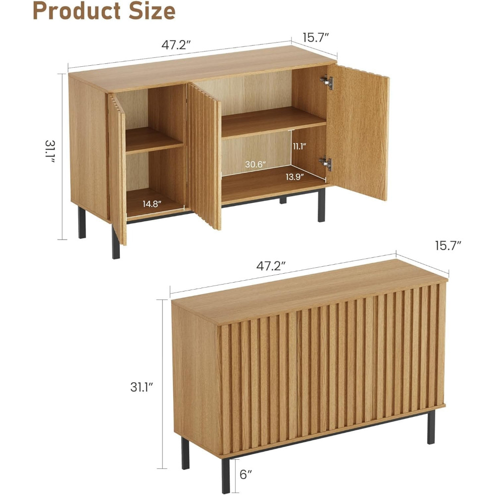 Sideboard Buffet with Fluted Doors & Adjustable Shelf for Dining Room Storage