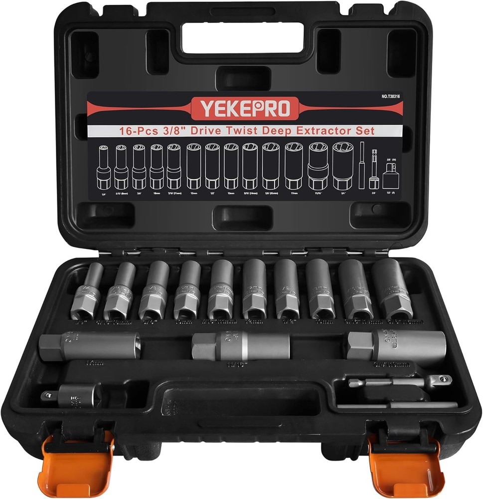 16pcs 3/8" Deep Well Bolt Extractor Set Spark Plug Removal Extraction Socket
