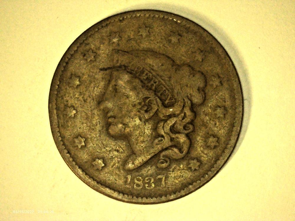 1837 Coronet Large Cent Plain Cords, Medium Letters