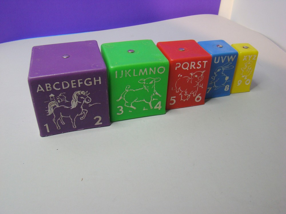 Cute 5 Pc Blocks w/ Bells 1960s Plastic Rubber Nesting Stacking ABC 123 Picture