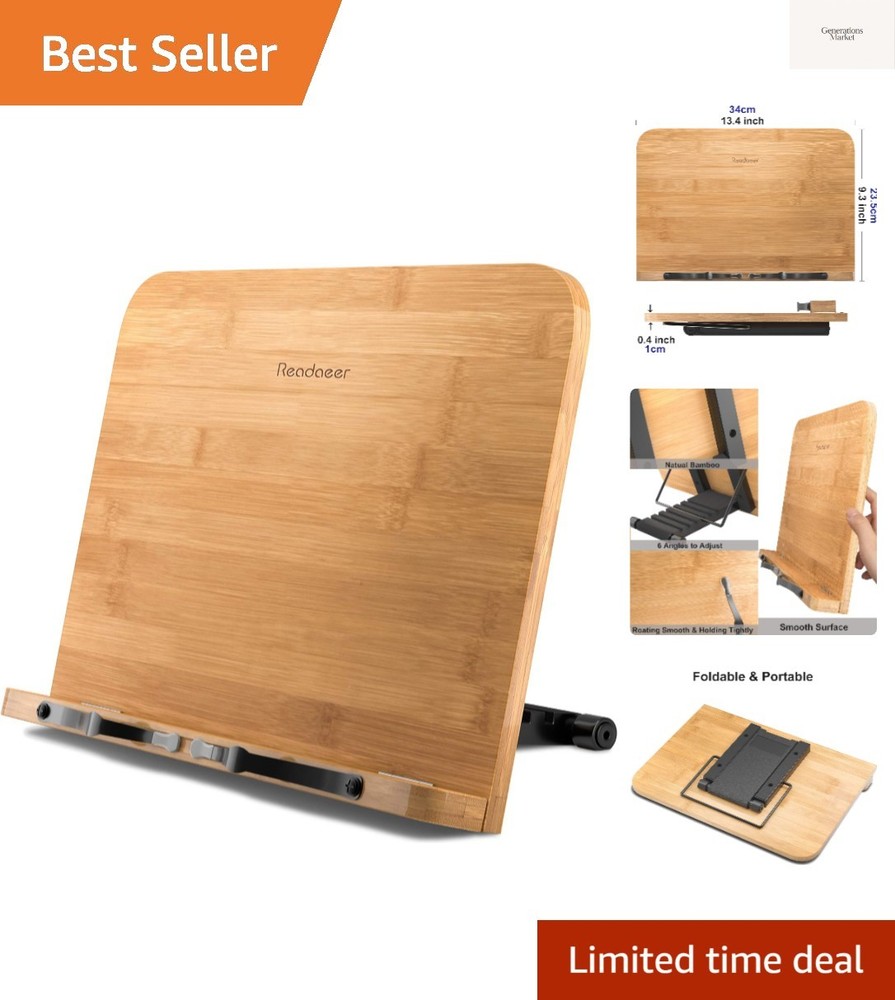 Bamboo Book Stand, Large Book Holder with 6 Adjustable Height, Foldable Cookb...