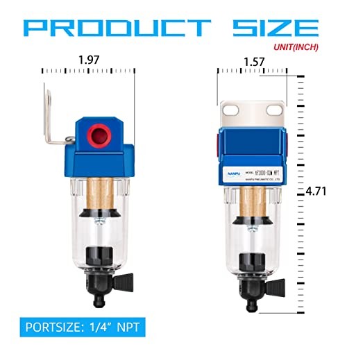1/4" NPT Compressed Air Line Filter, 5 Micron Brass Element, Manual Drain,
