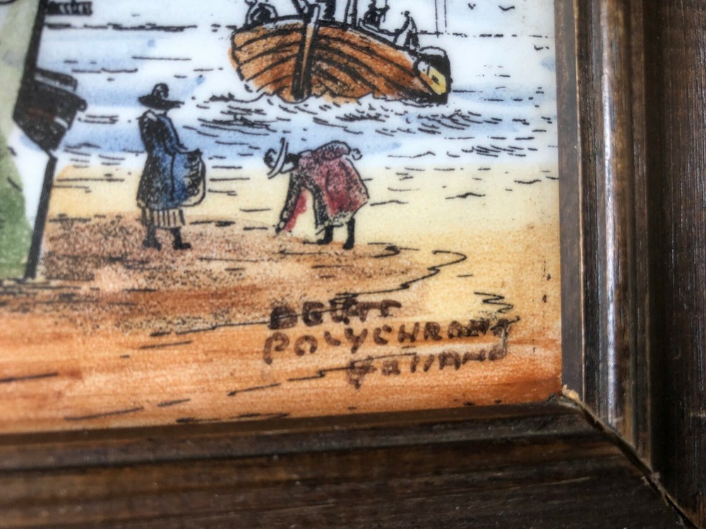 DELFT FRAMED POLYCHROME TILE . Signed and marked