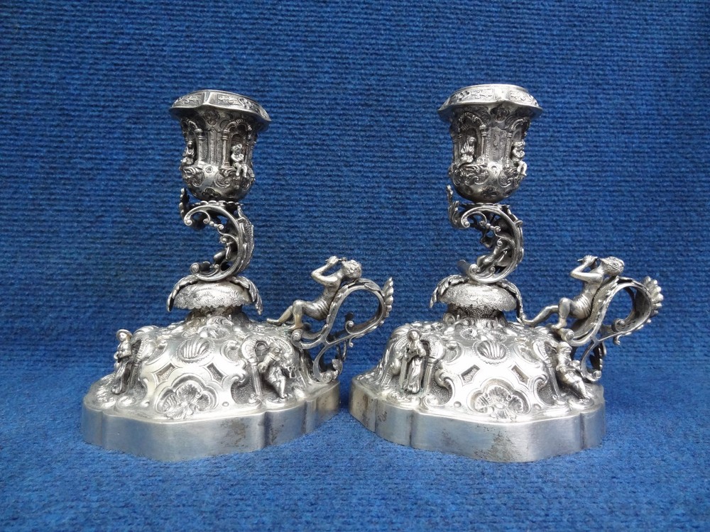 Silver candlesticks (walking) Medieval style 19-20th C. C-scroll Pan with flute