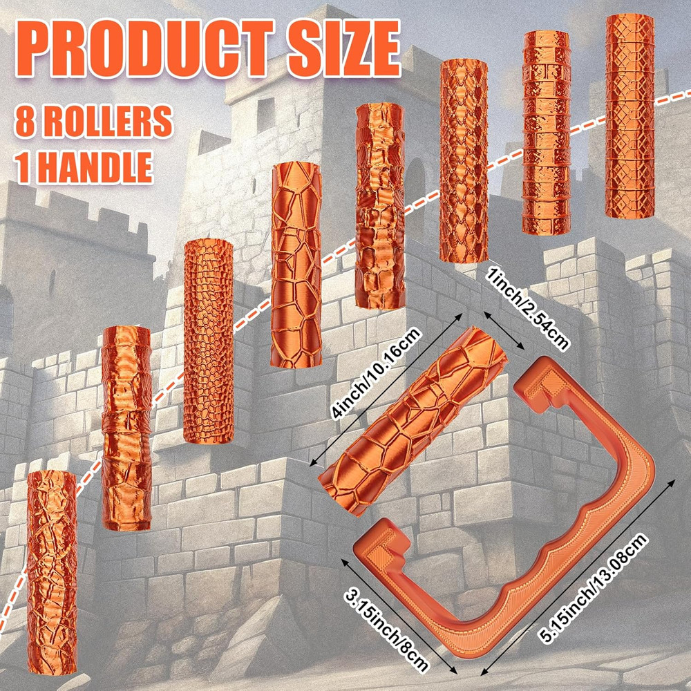 9 Pcs Clay Texture Roller Set Handle 8-Pattern 3D-Printed Miniature Terrain