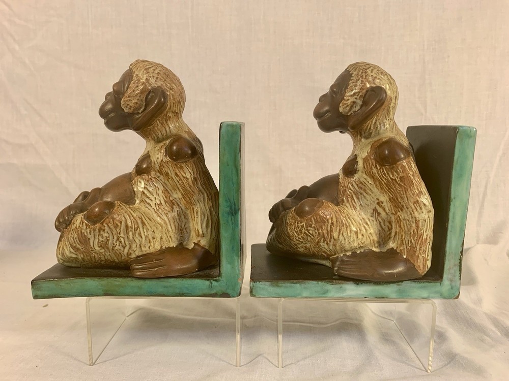 Pair Vtg Ceramic SMILING MONKEY BOOKENDS Large 6"x 3" Size HEAVY