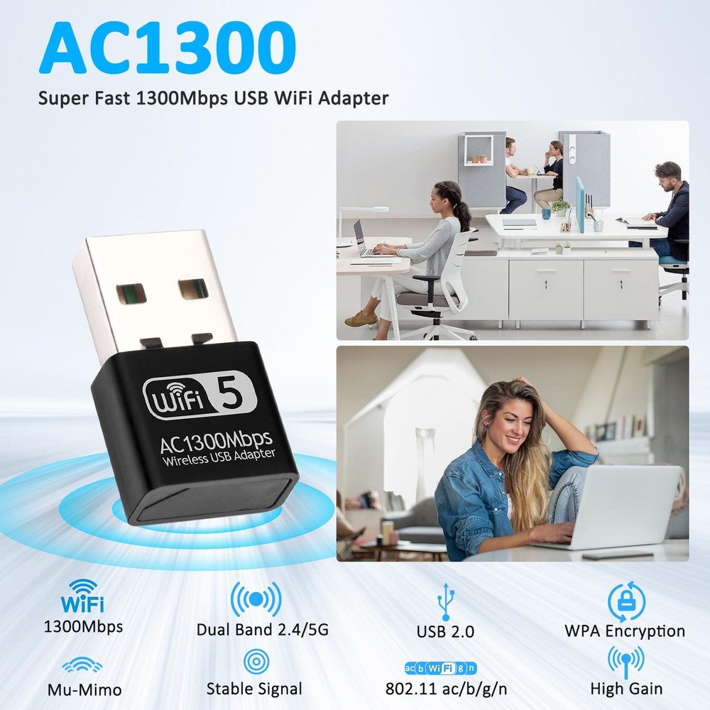 1300Mbps USB WiFi Adapter for PC-Tiny Size Wireless Network Adapter for Deskt...