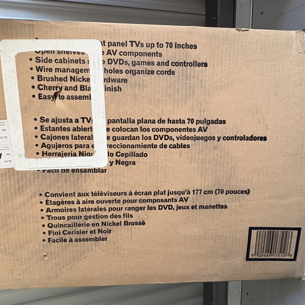 AMERIWOOD HOME CARSON TV STAND FOR TVs UP TO 70", Cherry & Black. NEW IN BOX.