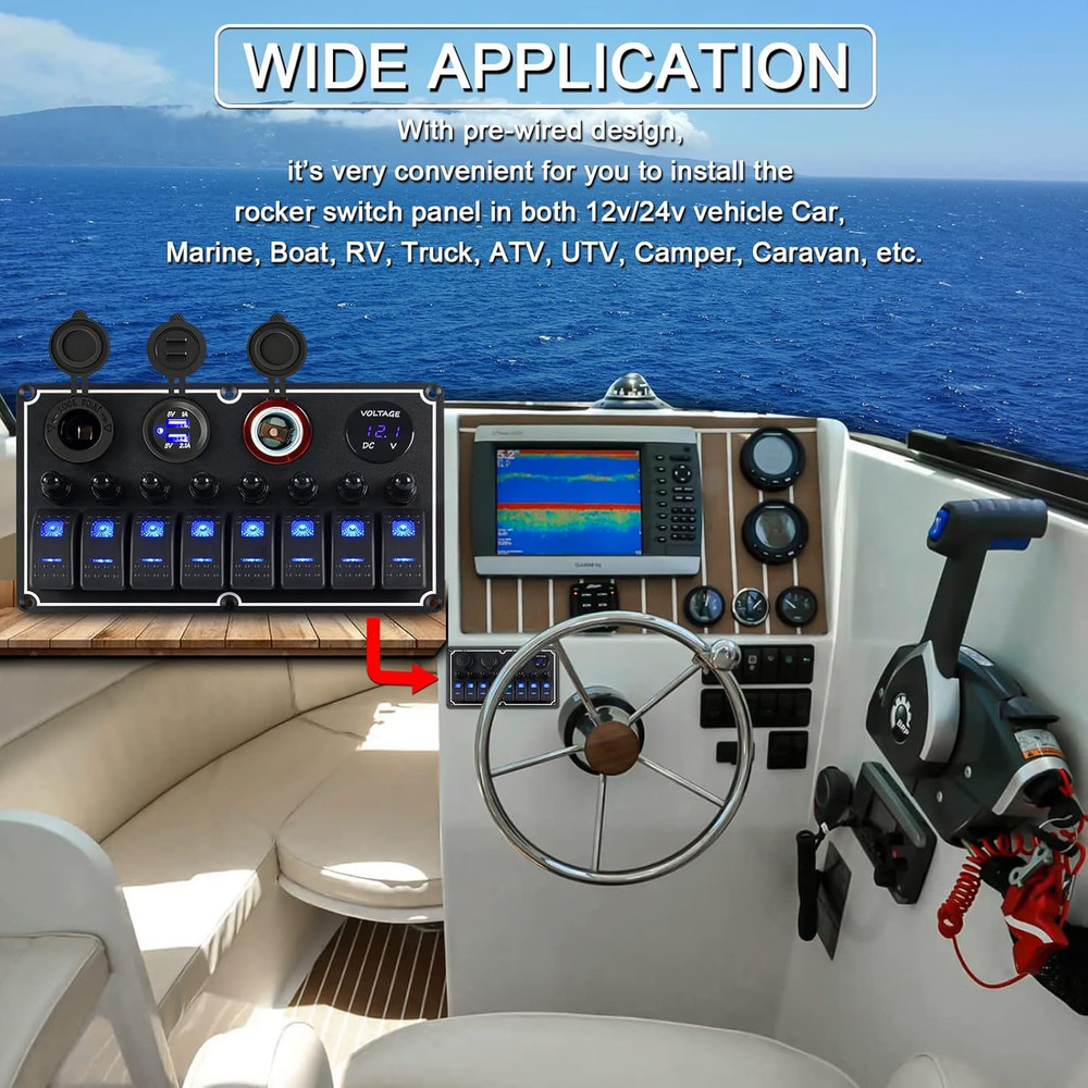 Marine Switch Panel Waterproof,8 Gang Boat Rocker Switch Panel,Multi-Function To