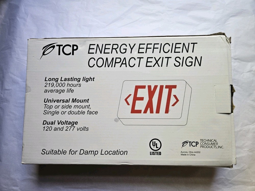 TCP Energy Efficient Compact Exit Sign Red LED 22743 Battery Backup Complete