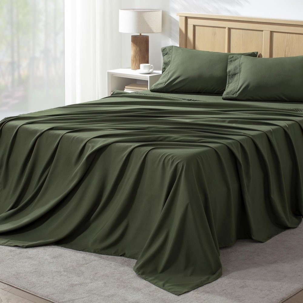Queen Sheet Set 4 Pieces, Dark Olive Green Super Soft Sheets for Queen Size B...