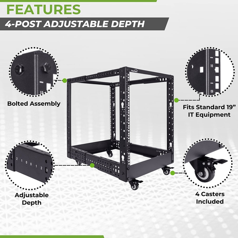 NavePoint 4-Post Open Frame Racks 19-inch Standard, Adjustable 22"-40", Square