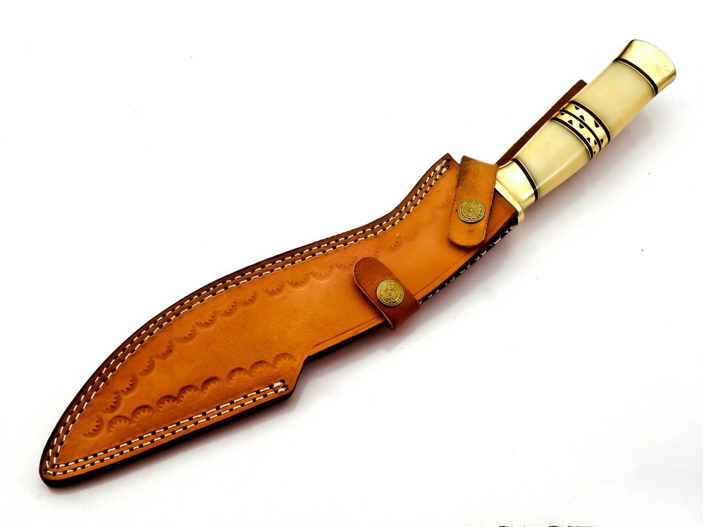Damascus Kukri Knife Exotic Camel Bone and Brass Handle Ladder Pattern Sharp 17