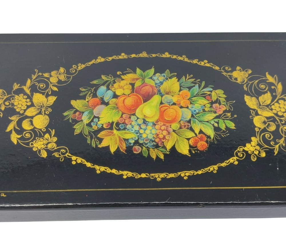 VTG Russian Rectangular Lacquer Box Hand Painted & Signed Fruit Autumn USSR