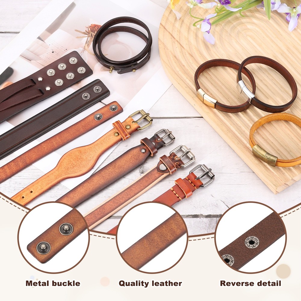 3Pcs Plain Leather Bracelets Buckle Bangle,Brown Black Punk Bracelets