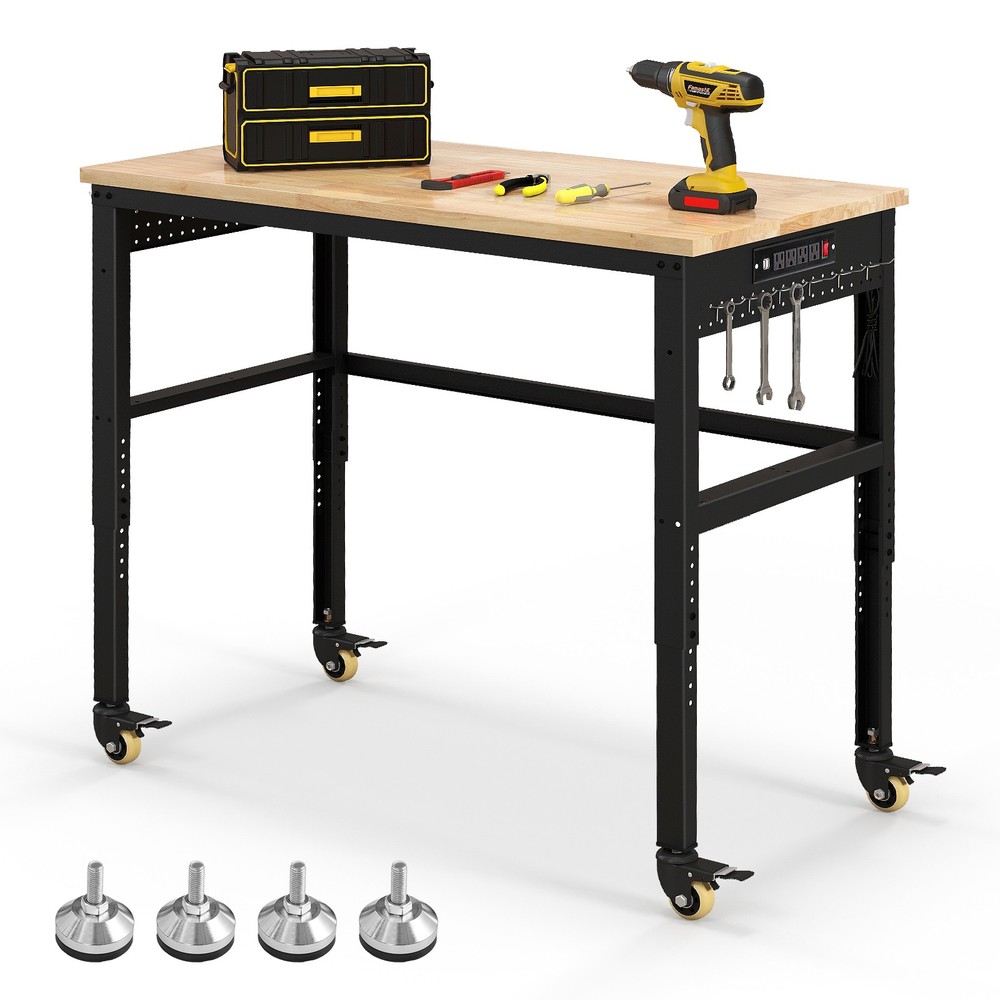 48" Adjustable Workbench w/ Power Outlet Universal Lockable Wheels Workshop