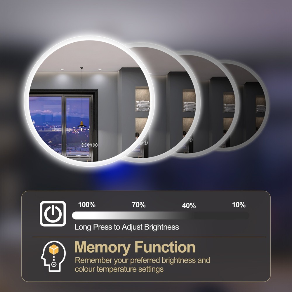 23.6 in Round LED Bathroom Lighted Mirror Bluetooth 3 Colour Wall Vanity Mirror