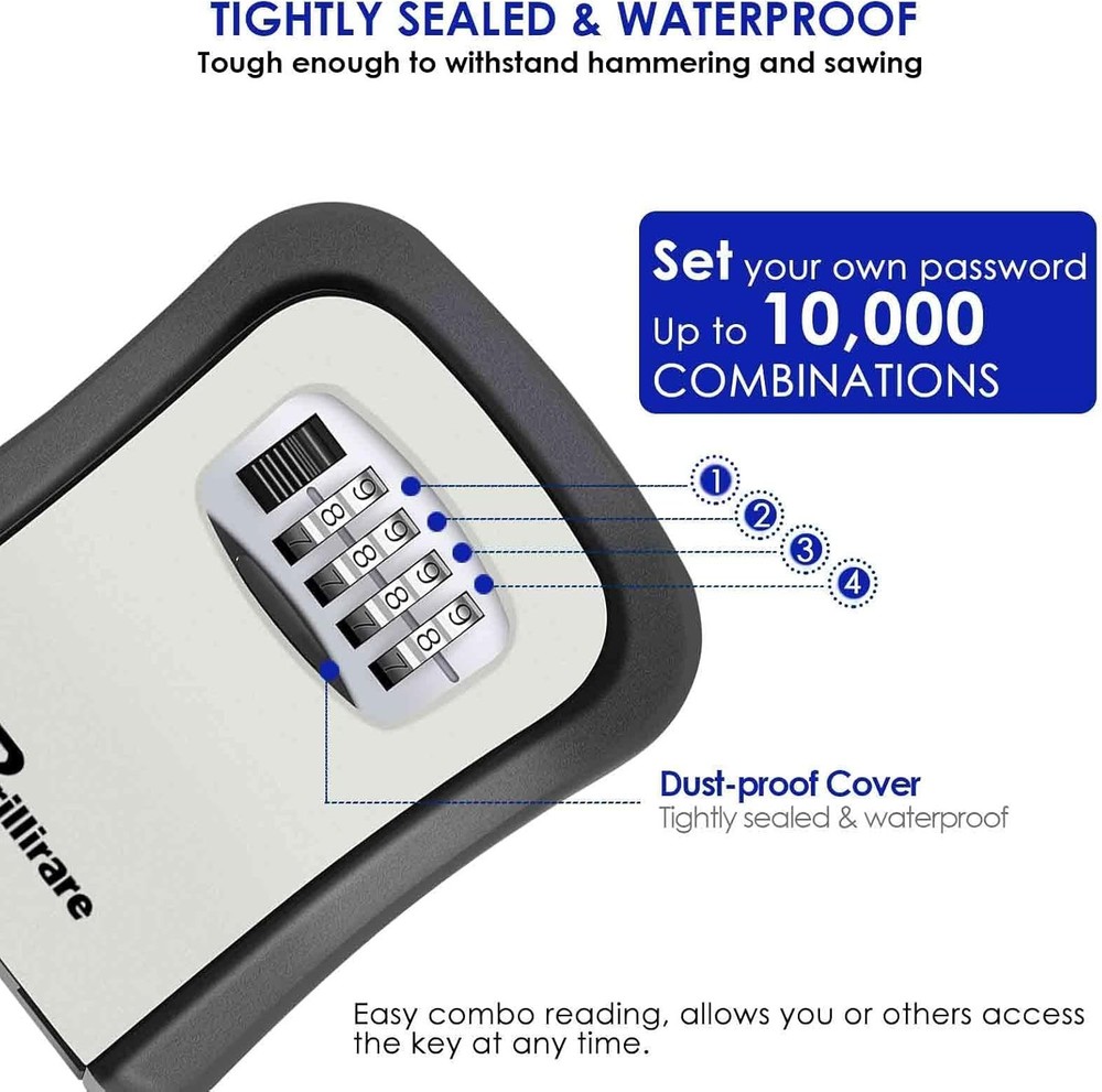 Upgraded Waterproof Key Lock Box - Resettable 4-Digit Combination Security